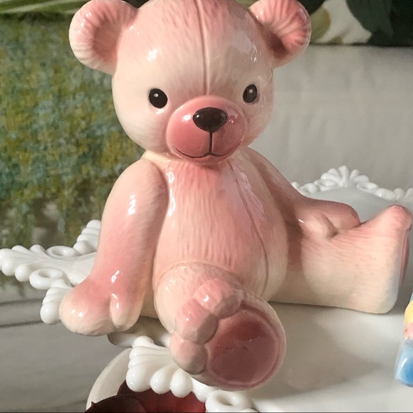 Set 2 Vintage Ceramics Pink Teddy Bear + Lamb Coin Bank - Picture 2 of 9